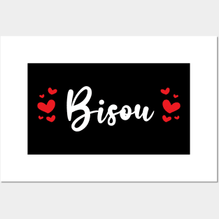 Bisou French White Typography With Red Hearts Posters and Art